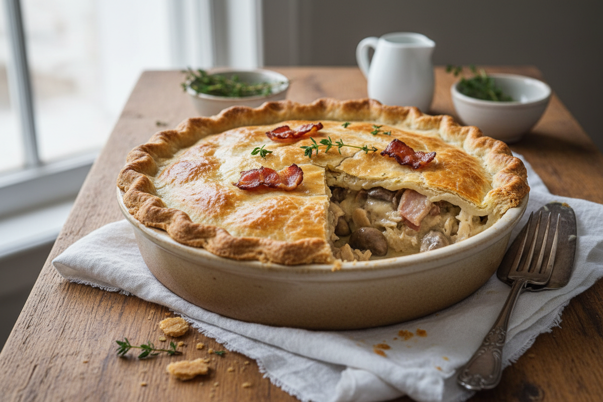 Homemade chicken, bacon and mushroom pie with golden shortcrust pastry