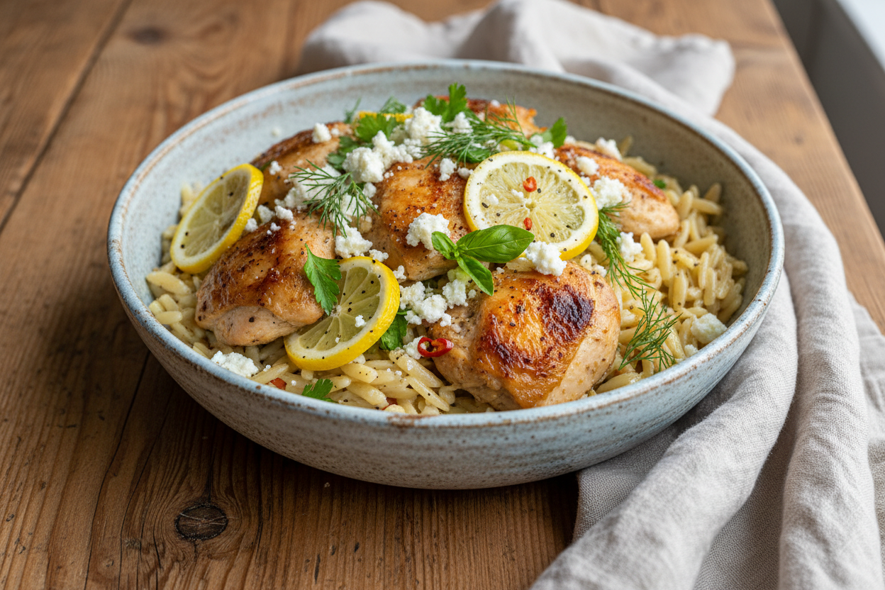 Roasted lemon chicken orzo with feta and fresh herbs