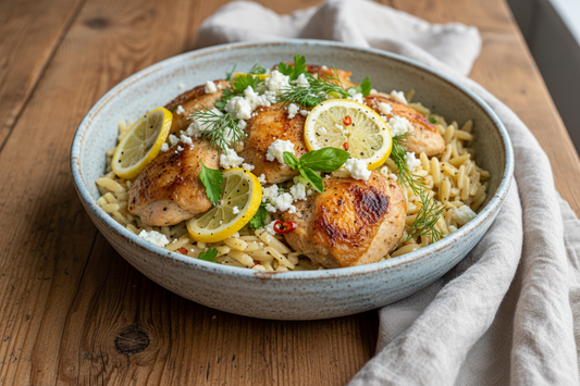 Roasted lemon chicken orzo with feta and fresh herbs